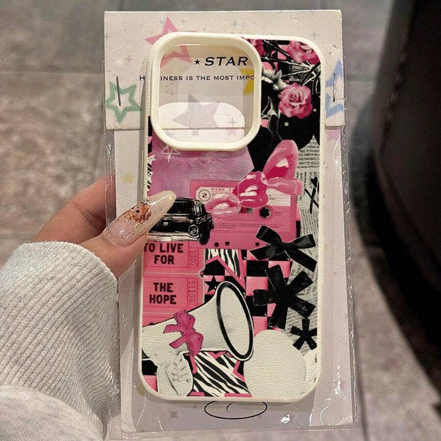 1pc Retro Bow Lips Patchwork TPU Phone Case Compatible With Apple 17/17 Pro/17 Air/17 Pro Max, G, Compatible With Redmi Phones,International Version, Not The Domestic Version - White - View 1