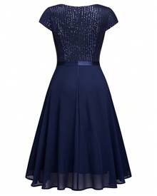 MIUSOL Sequin Lace Ruffle Trim Navy Blue Chiffon Flowing Cocktail Party Swing Dress, Pleated Hem For Wedding Guest, Birthday, Homecoming - 藏蓝色 - 查看 8