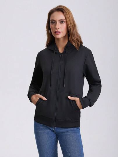 Felpa con cappuccio casual da donna, con zip frontale, tinta unita, adatta per ciclismo, escursionismo, corsa, sport all'aperto, primavera/autunno