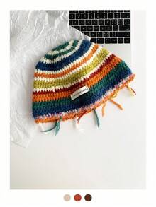 1pc Autumn Winter Maillard Color Bowknot Contrast Striped Polka Dot Hand-Made Crochet Knit Hat, Thick Four Seasons Rainbow Striped Knitted Fisherman Bucket Hat For Women, Fashionable Christmas