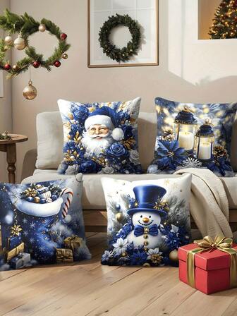 4pcs/1pc 2025 Christmas Pillow Cover - Blue Santa Claus, Lantern, Snowman And Gift Design, 18x18 Inches | Zipper Closure | Bright Colors Polyester Material | For Living Room, Room Decoration, Sofa And Bedroom (Filling Not Included) Perfect For Christmas Decorations, Christmas Party