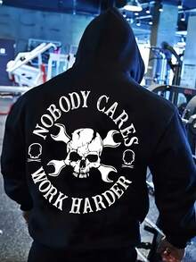 Men's Heavyweight "Nobody Cares, Work Harder" Hoodie - Gym & Casual Pullover Sweatshirt, Soft Polyester Workout Top For Martial Arts, Weightlifting - Motivational Streetwear Apparel, Training Gear, Street Fashion, Highquality Fabric, Long Sleeve Top, Fitness Enthusiasts - Black - View 1