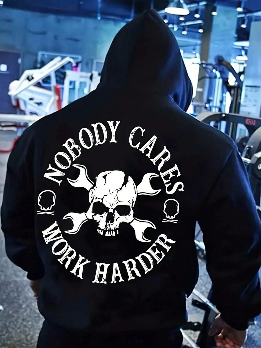 Men's Heavyweight "Nobody Cares, Work Harder" Hoodie - Gym & Casual Pullover Sweatshirt, Soft Polyester Workout Top For Martial Arts, Weightlifting - Motivational Streetwear Apparel, Training Gear, Street Fashion, Highquality Fabric, Long Sleeve Top, Fitness Enthusiasts - Black - View 1