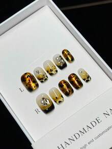 10 Pieces Of Pure Handmade Press-On Nails With Crushed Diamonds, Black French Leopard Print, Tortoise Shell, Retro, Comfortable, Short And Cute Nail Art, Detachable And Reusable, Suitable For Women, Suitable For Vacation Or Daily Wear