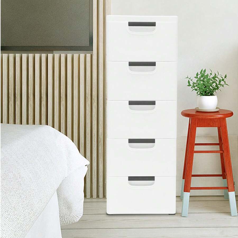 Plastic Drawers Dresser,Storage Cabinet With 5 Drawers,White Closet Drawers Tall Dresser Organizer For Clothes,Playroom,Bedroom Furniture,Stackable Vertical Clothes Storage Tower - 白色 - 查看 1