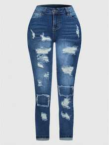 Women's Casual Distressed Skinny Jeans With Pockets And Zipper, Long Length, Medium Stretch, Suitable For Daily Wear - Medium Wash - View 4