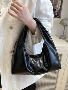 1 件绗缝按扣 PU 纯色复古软皮饺子单肩包，时尚拼布腋下包，新月形油蜡皮革大容量通勤休闲手提包，适合办公室、商务、约会、购物、旅行、送给女朋友、闺蜜、女性日常使用的礼物 - 黑色 - 查看 6