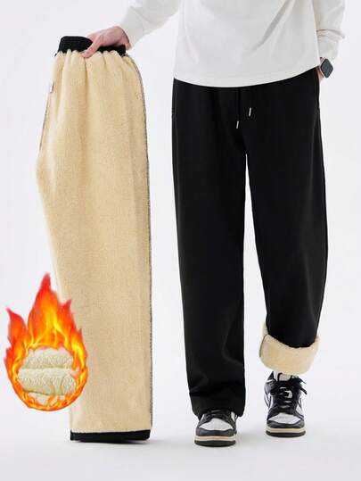 Men's Fleece Lined Running Pants - Solid Color With Drawstring Waist And Zipper Pockets, Comfortable Stretchy Polyester Blend, Warm For Winter