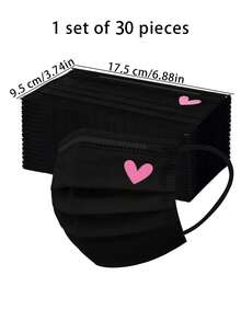 10/20/30pcs Set Cute Pink Heart Print Face Masks - Elastic Breathable Black Masks, Suitable For Women & Teens, Washable, Fashionable Daily Accessory, Interesting Design, Comfortable To Wear - Multicolor - View 7