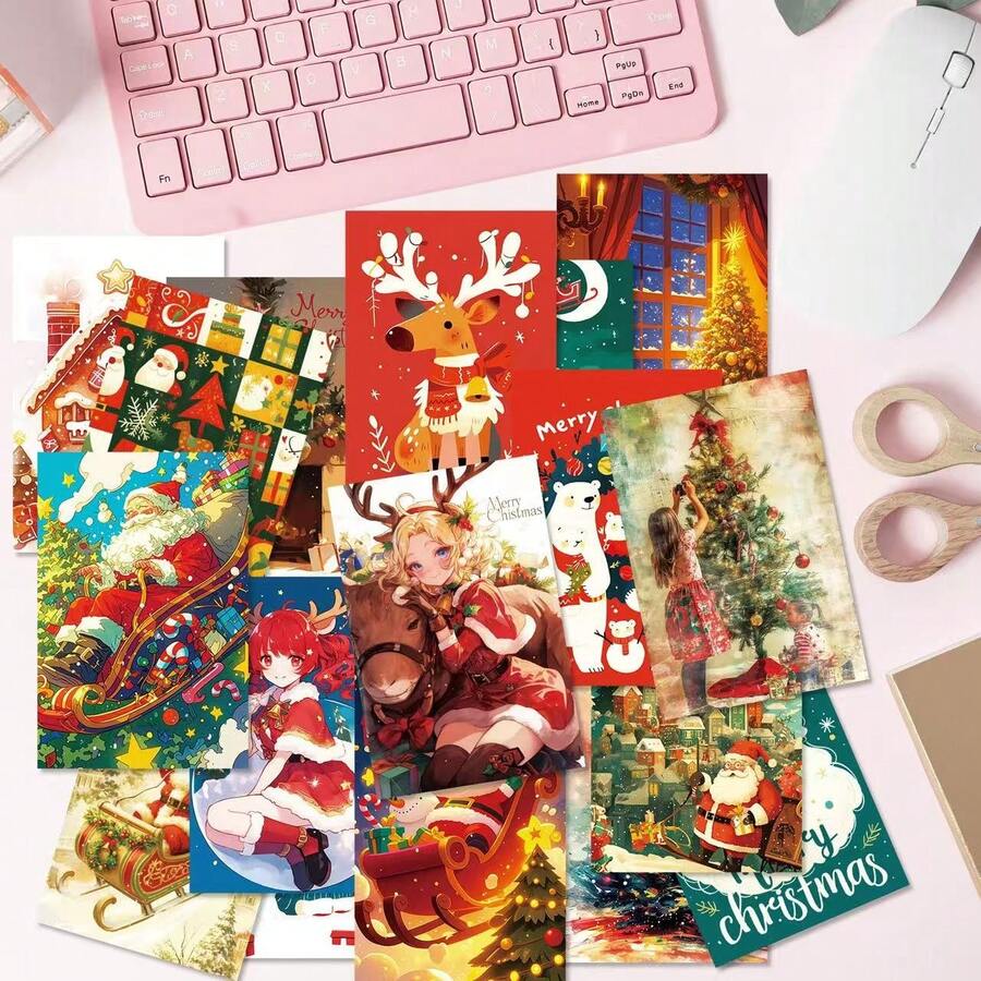 50pcs Christmas Holiday Family Gathering Decor Cards, Snowflake & Snowman Wall Cards, Postcards