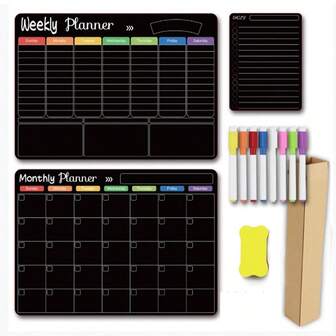 黑色干擦板套装 - 3 块磁性板，适用于冰箱、月度、每周组织者和每日记事本、墙壁和冰箱家庭板，配有 8 支记号笔（笔的颜色是随机的。）