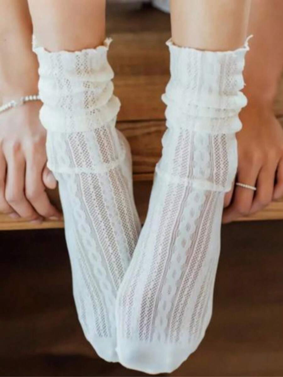 1 Pair Of White Mesh Japanese Lace Summer Thin Pile Socks Mid-Calf Socks For Ladies, Daily Party Club