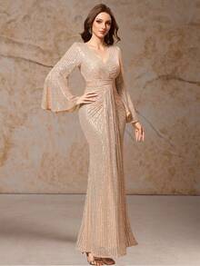 UNITHORSE فستان كوكتيل سهرة أنيق للمرأة ذو فتحة رقبة على شكل حرف V أكمام ناقوسية، مطرز برشات لامعة - لون شمبانيي - مشاهدة 7