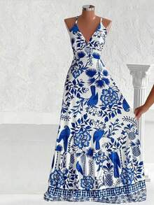 Đầm dài nữ thanh lịch, giản dị, hở lưng, thắt nơ, họa tiết hoa, xếp ly, thích hợp cho kỳ nghỉ hè và tiệc tùng. - Xanh và trắng - Xem 2