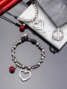 1 Piece / 3 Pieces Set: European American Gothic Pagan Style Hollow Heart-Shaped Red Beaded Pendant Leather Cord Beaded Necklace, Collarbone Chain + Round Ring + Heart-Shaped Bracelet, Suitable For Women's Daily Wear And As Halloween Christmas Gifts