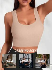 Yefecy Soutien-gorge de sport en tricot côtelé de couleur unie de base, soutien-gorge de sport sans fil pour femmes avec maintien, vêtements de sport pour femmes - Nude - Voir 4