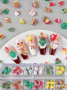 12 Gitter Relief Weihnachts-Nägel Dekor Harz Cartoon Weihnachtsmann Kristallkugel Glocke Geschenk Elch Weihnachtsbaum Handschuhe Süße Nagel Weihnachtsdekoration Nagel Zubehör