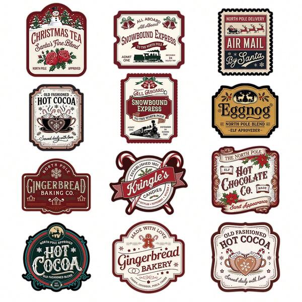 12 Stücke Vintage Weihnachts-Süßigkeiten-Aufkleber - Festliche Feiertags-Party-Dekoration, Geschenkverpackungs-Etiketten, Weihnachtliche Dekorative Anhänger für Süßigkeitentüten, Geschenkboxen, Flaschen & Party-Gastgeschenke