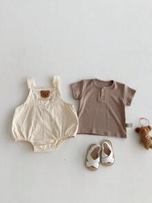 男婴休闲短袖T恤+可爱小熊套装（2件套），春秋季 - 杏色 - 查看 4