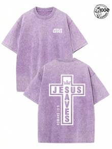 Jesus Saves Letter Print T Shirt,Retro Washed T-Shirt Double Sided Printed (230 Pure Cotton T-Shirt),Christian Gift, Men's T-Shirt, Men's Casual, Comfortable, Fashionable T-Shirt, Street Style Cotton,Cross Men And Women T-Shirts - 紫色 - 查看 1
