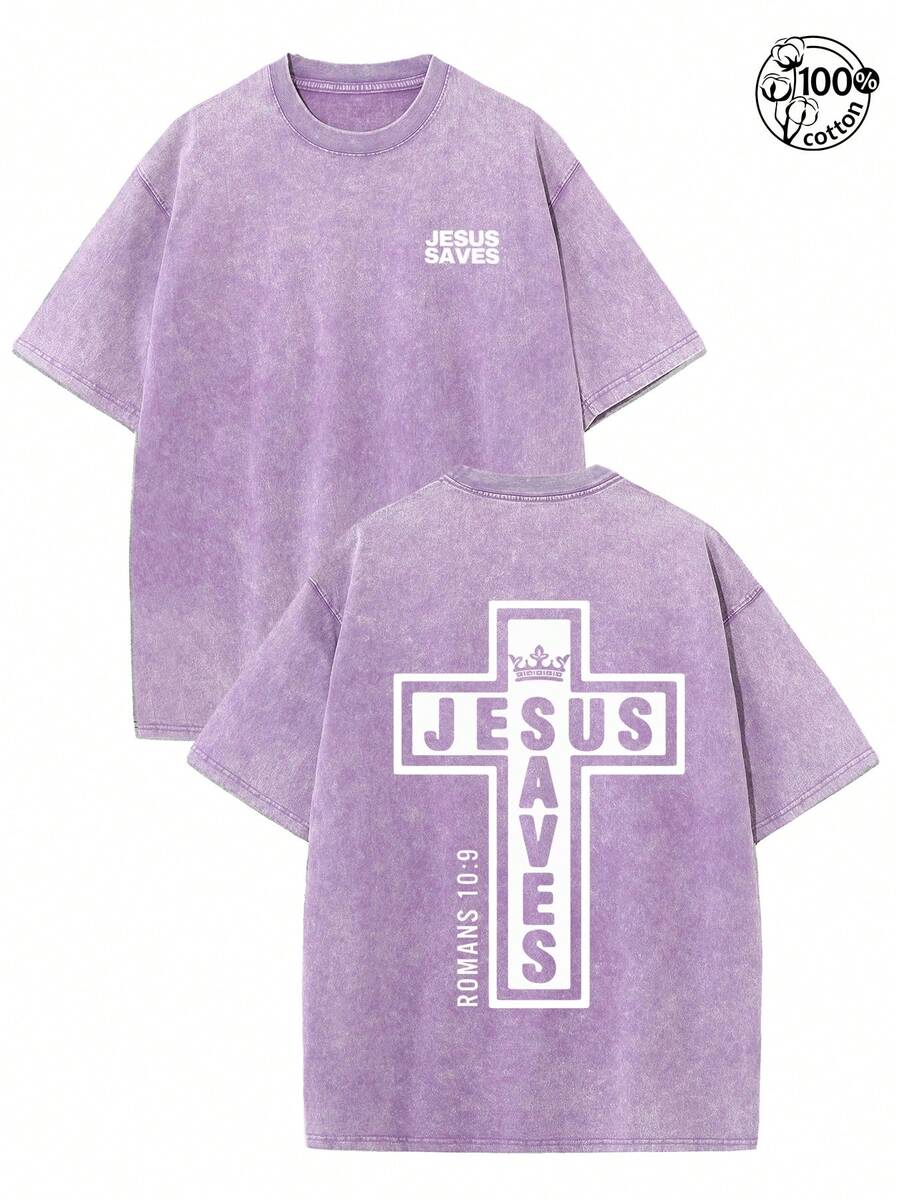 Jesus Saves Letter Print T Shirt,Retro Washed T-Shirt Double Sided Printed (230 Pure Cotton T-Shirt),Christian Gift, Men's T-Shirt, Men's Casual, Comfortable, Fashionable T-Shirt, Street Style Cotton,Cross Men And Women T-Shirts - 紫色 - 查看 1