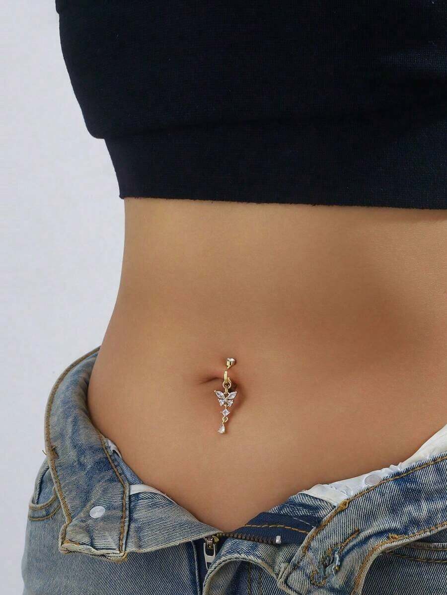 1 Piece Silver Clip-On Fake Piercing Suitable For Women's Daily Wear Non-Piercing Butterfly Fake Navel - Bạc 2 - Xem 1