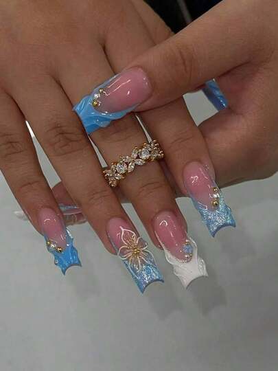 24pcs/Set Elegant 3D Floral, Wavy, Star, Moon & Pearl Designed Long Square Press-On Nails, Colorful Nail Art Accessories Suitable For Girls & Women For Daily, Outdoor, Party Occasions Nail Supplies