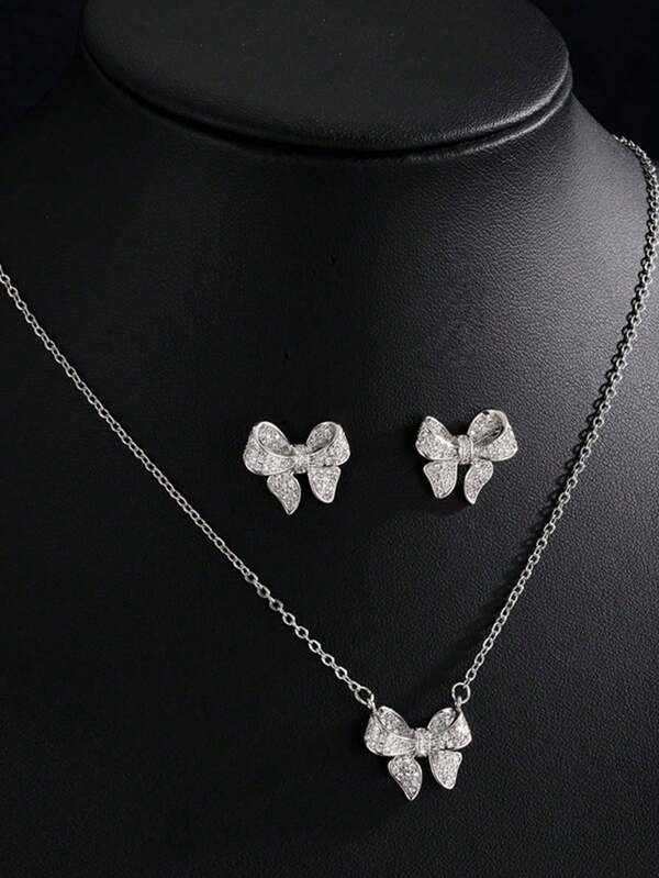 Set de 3 piezas de collar y aretes con decoración de lazo de strass, adecuado para uso diario de mujeres
