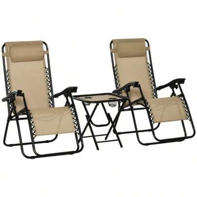 Folding Zero Chairs, 3 Pieces Adjustable Lounger And Table Set With Cup Holder And Headrest, Patio Bistro Set With Reclining Garden Chairs Outdoor, Be