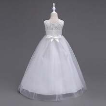 Long Dress For Children, Youth, Party, Flower Girl, Bridesmaid, Wedding, Flower Girl, Debutante, Princess, Miss, Lace With Bow, 3/4 Sleeve, Luxury - 3 To 16 Years - 白色 - 查看 5