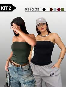 KIT 2 Tube Top Faixa Feminino Blusa Cropped Tubinho Tomara que Caia Básico Suplex Forro Duplo Sem Bojo - Preta e Verde Militar - Visão 2