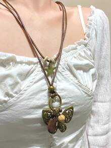 1pc New Chinese Style Zen Retro Star Feather Bowknot Multi-Pendant Long Necklace For Women, Fashionable National Style Elegant Delicate Accessory Suitable For Daily, Vacation, Holiday Wear - Ancient Bronze - View 18