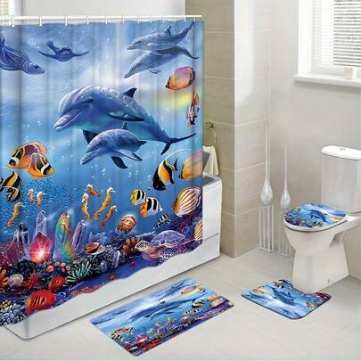 1/4 Piezas Juego de baño con patrón de peces de mar, Cortina de ducha impermeable con ganchos, Alfombra de baño antideslizante, Alfombra en forma de U para el inodoro, Tapa del inodoro, Accesorios de decoración de baño Decoración navideña