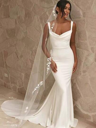 Simple Bride Wedding Lace Single Layer Long Trailing Veil With Hair Comb, Asymmetrical Floral Veil For Church, Outdoor, Travel Photography