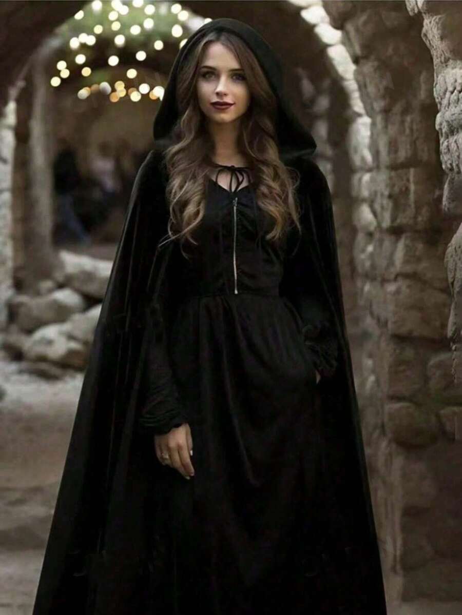 Capa con capucha de terciopelo negro, capa de fiesta de Halloween para reina de disfraz, adecuada para hombres y mujeres en Halloween, bruja, diablo, vampiro, bata medieval del Renacimiento (Es posible que la tela sea un poco delgada, no la compre si le molesta) - Multicolor - Ver 1