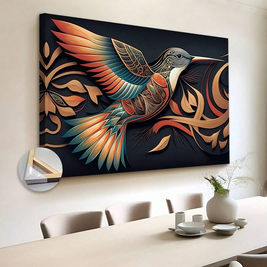 Grande canevas murale avec colibri - Encadrée en bois, prête à être accrochée. Décoration inspirée des peuples autochtones et des tribus pour le salon, la chambre à coucher, le bureau à domicile