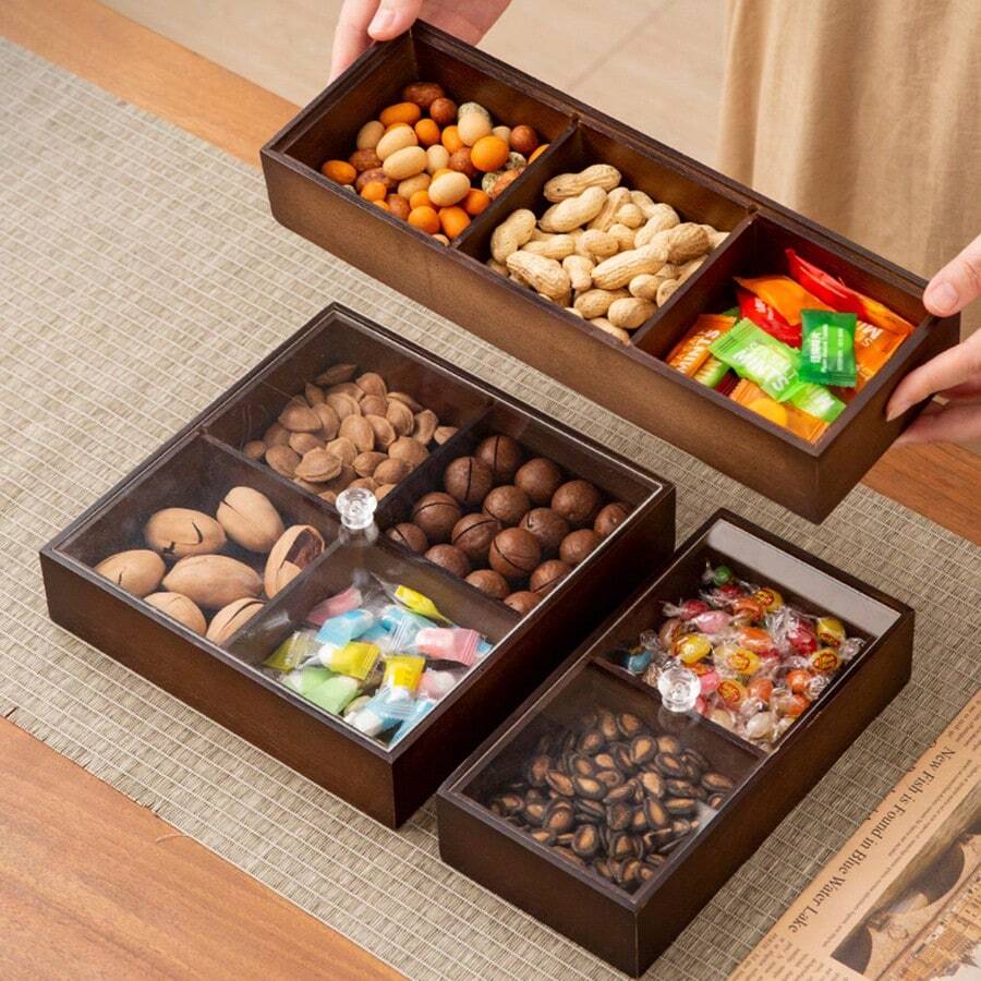 1 pieza Bandeja de madera de nogal con múltiples compartimentos y tapa, adecuada para aperitivos, postres, galletas, entradas, versátil para diversas ocasiones
