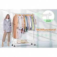 Perchero de ropa de gran resistencia, perchero rodante de metal de 43 pulgadas de ancho para colgar ropa, perchas, abrigos, camisas, vestidos, color negro - Blanco + Varilla simple - Ver 6