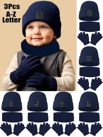 3pcs/Set Hat, Scarf, Gloves, Printed With A-Z Letters, Solid Color Design, Suitable For Casual Daily Wear, Unisex, Extremely Warm For Chilly Autumn Weather