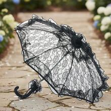 Vintage Lace Parasol Bridal Wedding Stick Umbrella For Photoshoot Victorian Style Party Accessory Props - 黑色 - 查看 3
