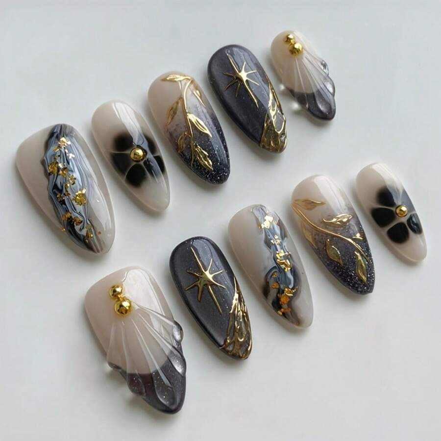 Handmade Press-On Manicure - Elegant Almond-Shaped Medium-Length Glossy False Nails - Easy To Wear For Everyday And Formal Occasions - 1XB1-13061-XS - View 1