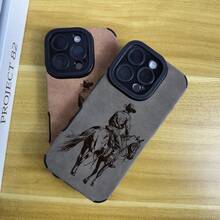 Funda de teléfono de piel sintética mate multicolor con estampado de un vaquero montando a caballo, que ofrece un buen agarre y protección contra golpes. Es resistente a la suciedad, reforzada para protección contra colisiones, antideslizante y amortiguadora de golpes, adecuada para iPhone 17 Air - Marrón - Ver 12