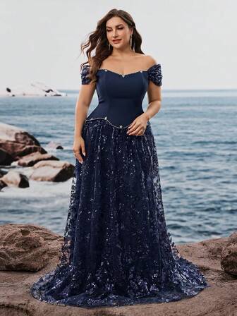 BluePlum 大码女式优雅串珠露肩拼布礼服，奢华妈妈装，适合庆典、正式派对、毕业典礼、周年纪念、舞会、节日、音乐节