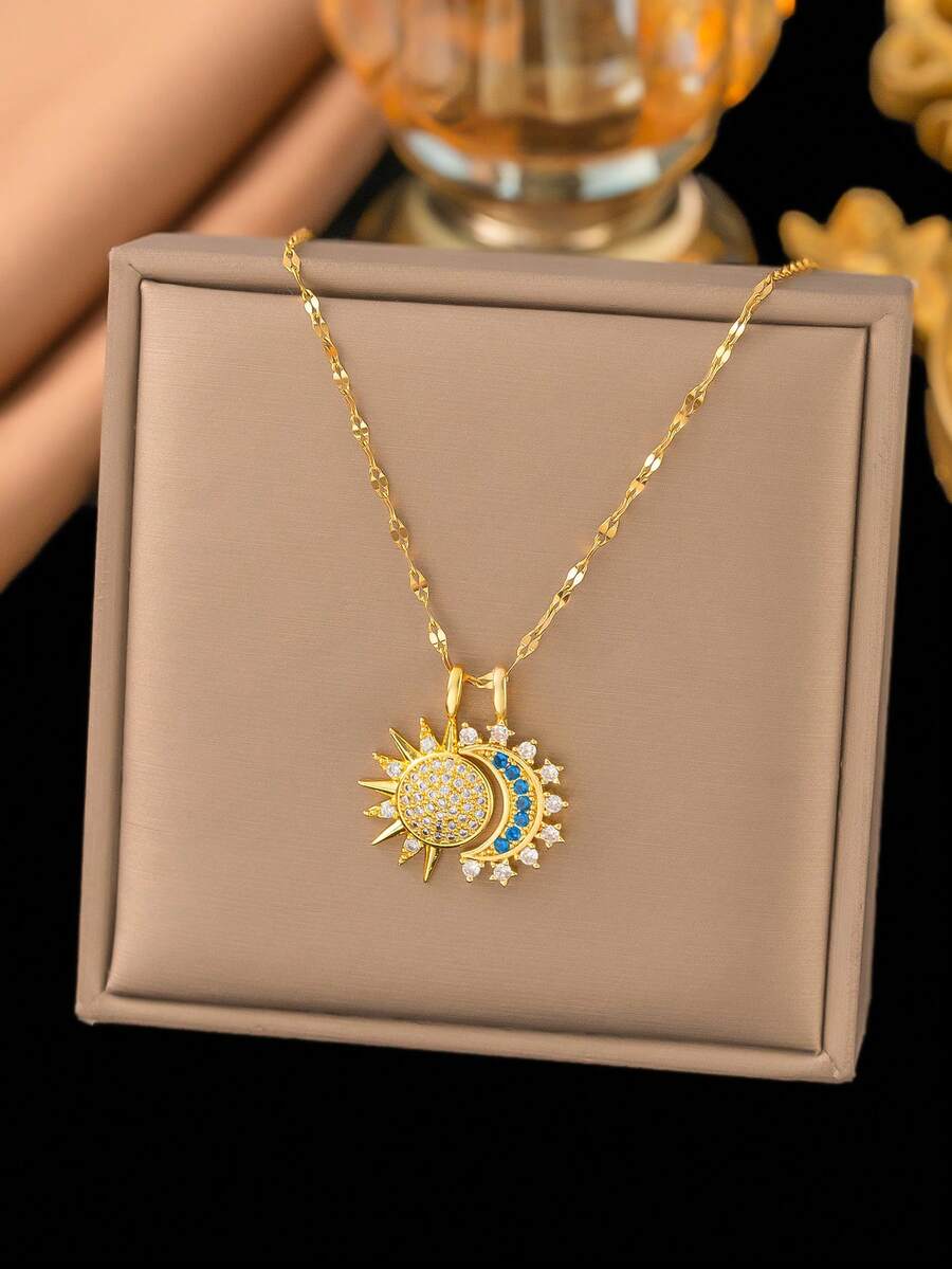1 pieza Collar con colgante de mariposa de circonita cúbica, estilo minimalista y elegante, collar casual y versátil de acero inoxidable unisex (empaquetado en bolsa de OPP) - Amarillo Oro - Ver 1