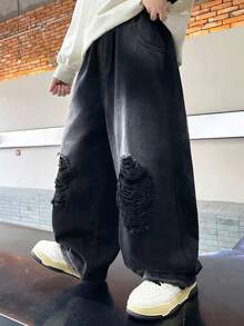青少年/大龄青少年男孩做旧水洗个性化牛仔裤，休闲宽松直筒裤 - 黑色 - 查看 2