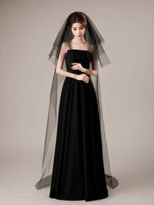 1pc Women's Black Long Trailing Veil Headpiece, 4-Layer Gradually Lengthened Mesh Veil Bridal Veil, Suitable For Weddings, Parties, Performances, Cosplay, Photography Props, Gothic Style With Hair Comb, 220cm Trailing Veil, Simple & Elegant Long Veil, Outdoor Wedding Full-Length Veil, Halloween & Holiday Decorative Accessory