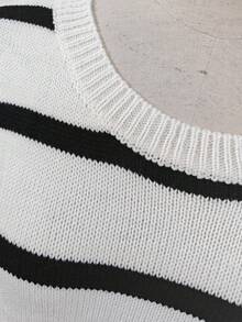 1 pezzo Maglione a costine con contrasto di colore a righe, stile casual college, adatto per autunno/inverno, abbigliamento esterno da donna taglie forti - Bianco - Visualizzare 7