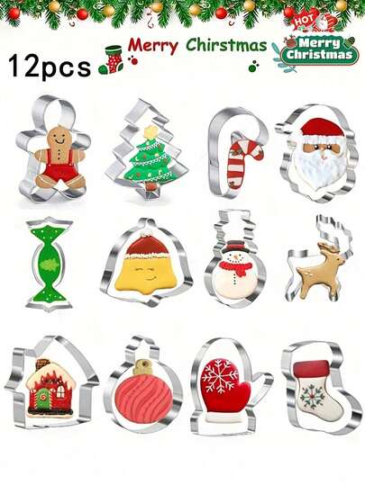 12 件圣诞饼干模具套装 - 迷你可爱饼干模具包括姜饼人、雪花、驯鹿、拐杖糖、圣诞树、雪人、圣诞老人脸和更多圣诞图案烘焙模具 - 非常适合节日烘焙、圣诞装饰、圣诞家居装饰、圣诞装饰、圣诞睡衣、圣诞礼物、圣诞装饰