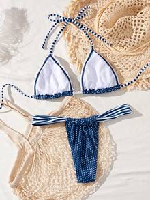 Ladies' Swimsuit Sexy Fashion Blue Two Pieces Swimsuit Lace White Bead Accessories Summer Beach Bikini Set Random Print