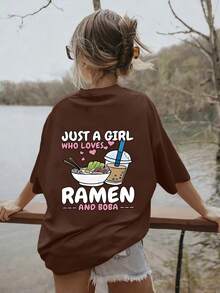 Tween Girls' Casual Summer Artistic Color Letter Printed Cute Milktea Design Cartoon Pattern Short Sleeve T-Shirt Cartoon Childlike Student Youth Artistic Tee Short Sleeve Girls Top Kids